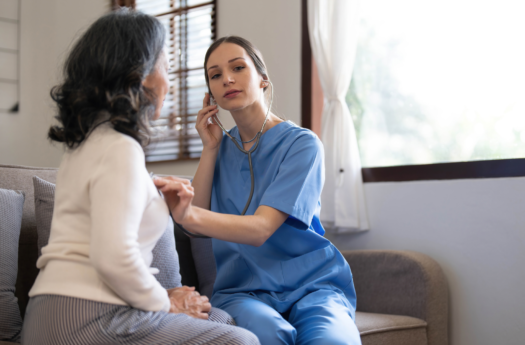 Aged care worker supporting an older client in a home care environment